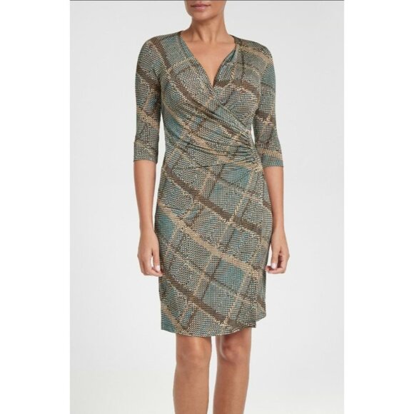 Anatomie Printed Marine Dress in Reptile Plaid Green Brown Faux Wrap Size XS - Picture 1 of 8